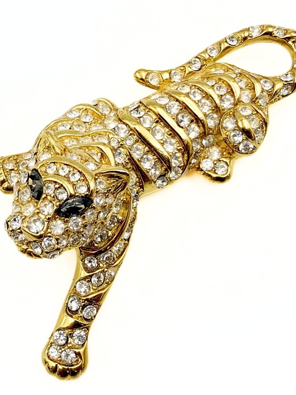 Crown Trifari Designer Signed Figural Tiger Gold Plate Rhinestones Enamel Brooch